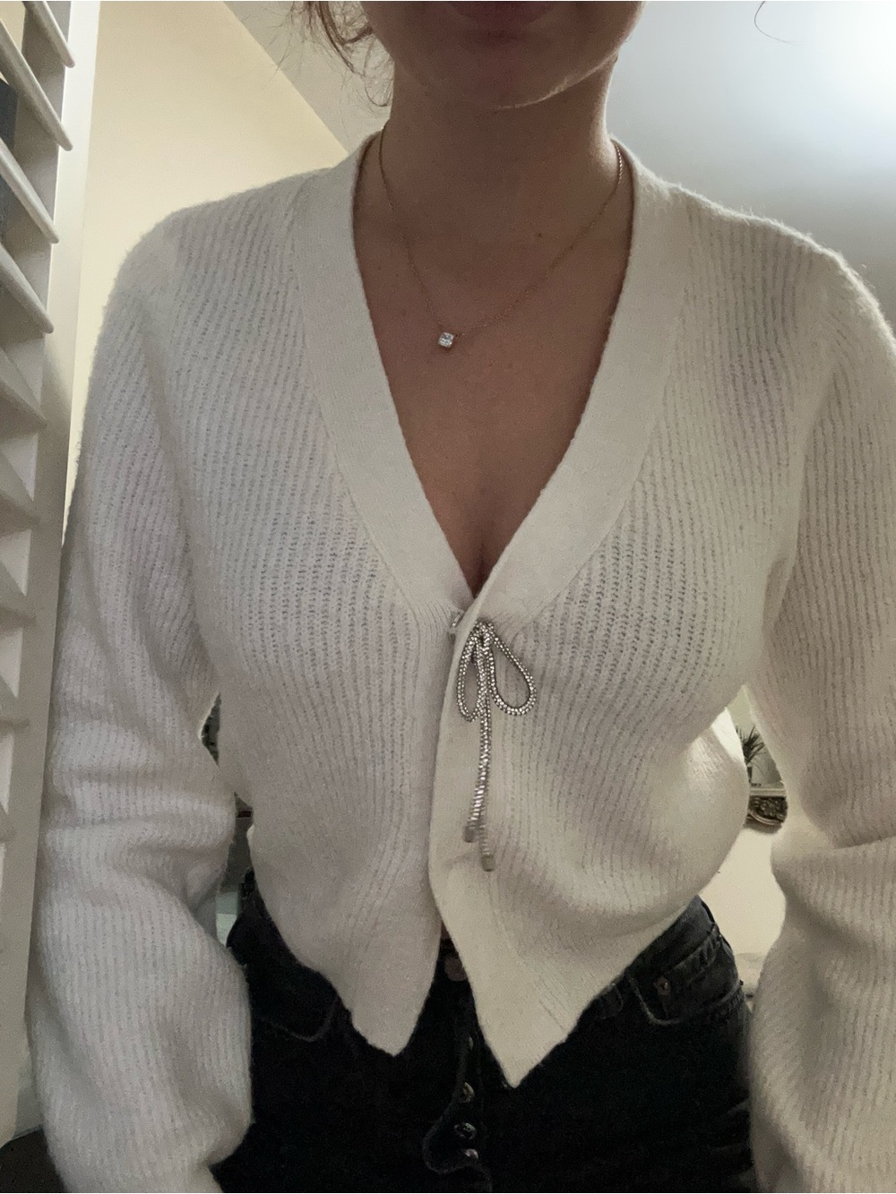 H&M Cream V-Neck Knit Cardigan with Rhinestone Bow Tie